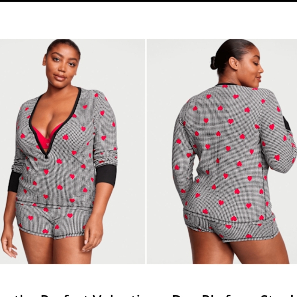 Victoria's Secret 11191197 Thermal Short Pajama Set Houndstooth Heart XL